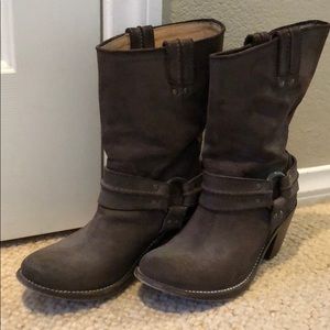 Frye Distressed Mid-Calf Brown Moto Boot